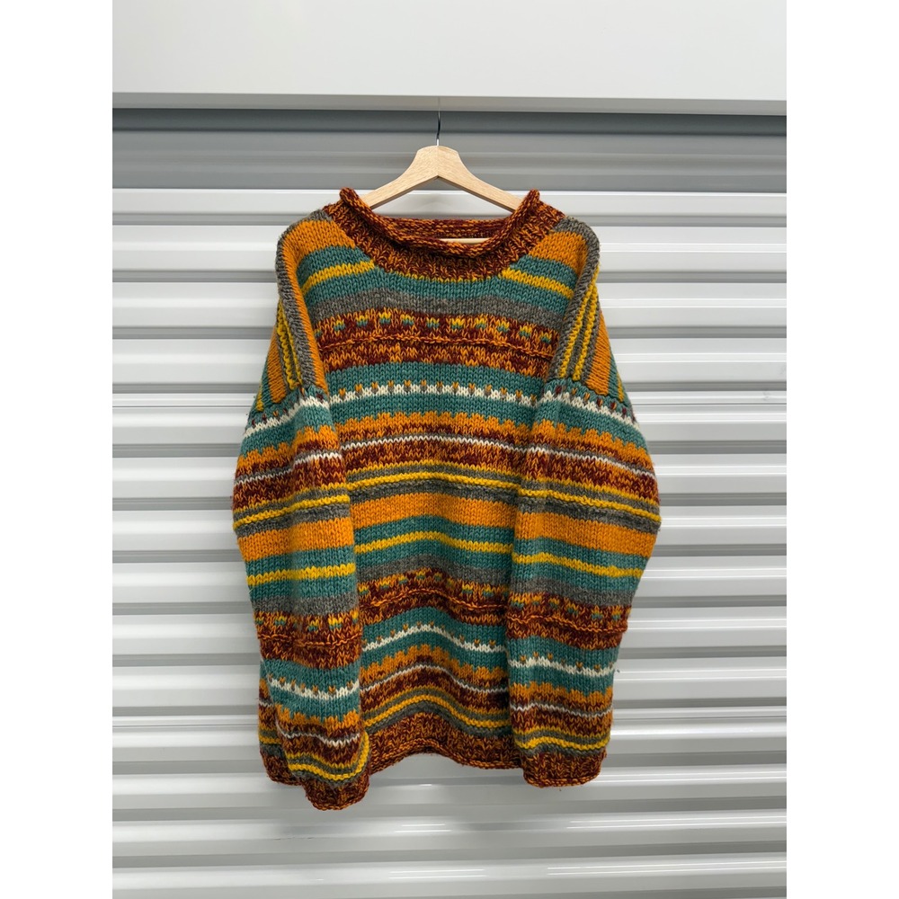 Shangri-la‎ Mens XL Hand Knitted Wool Sweater Nepal Striped Fair Isle Multicolor